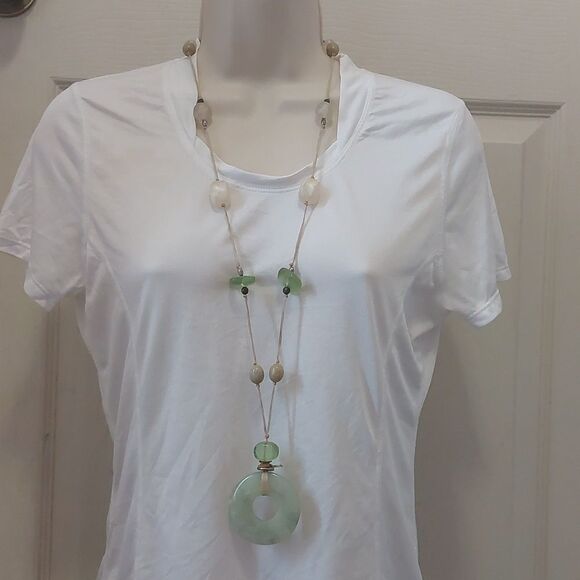 Vintage Jewelry - Artisan Natural Green Jadeite Donut Pendant Station Style Necklace Plastic Beads